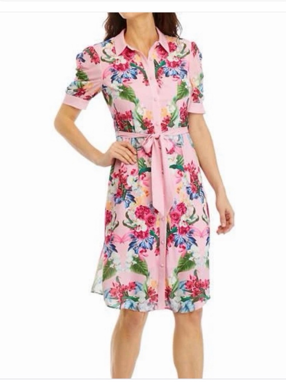 Tahari Pink Floral Belted dress- fits xs or s